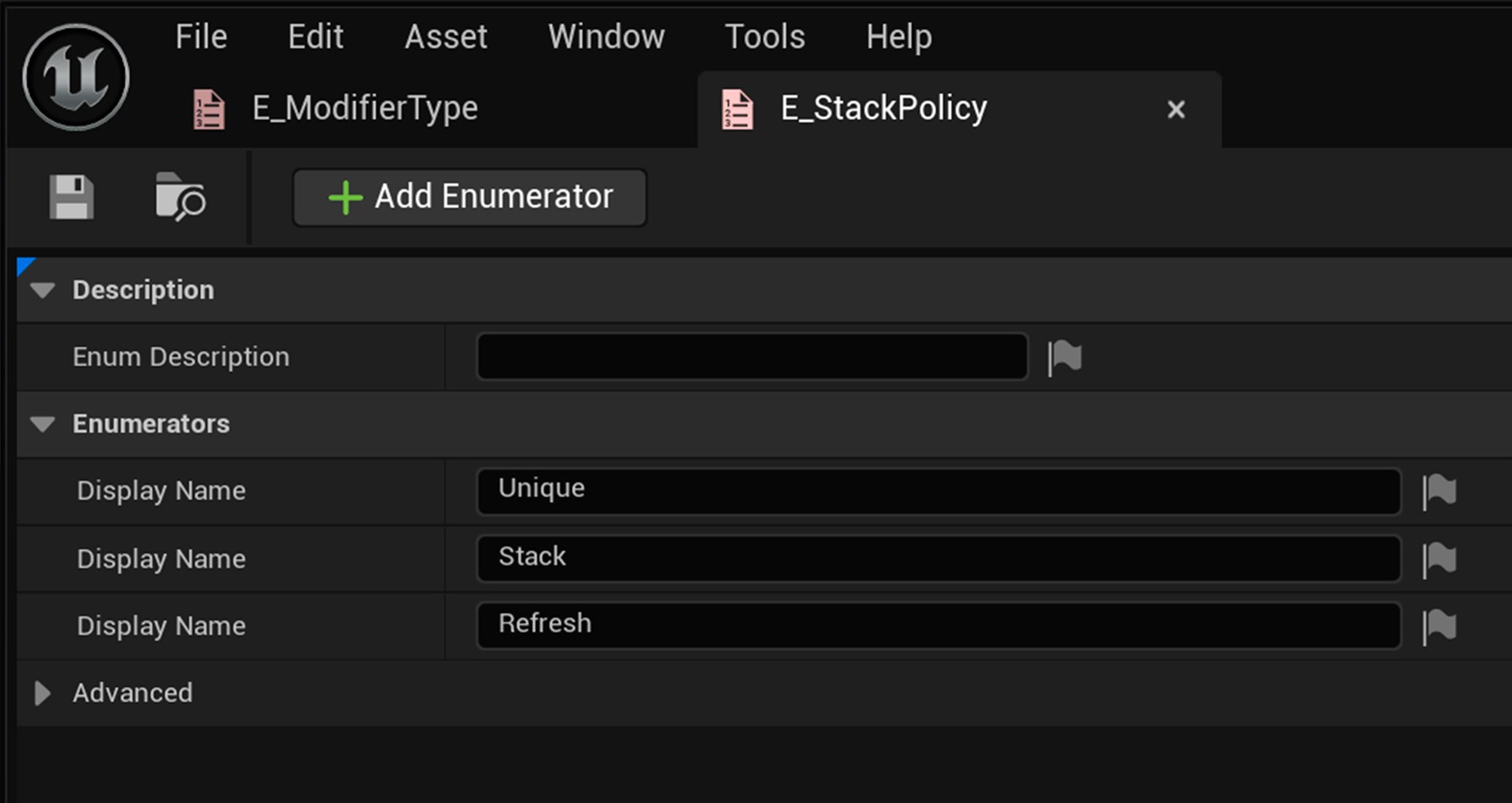 Enum E_StackPolicy с вариантами Unique, Stack и Refresh