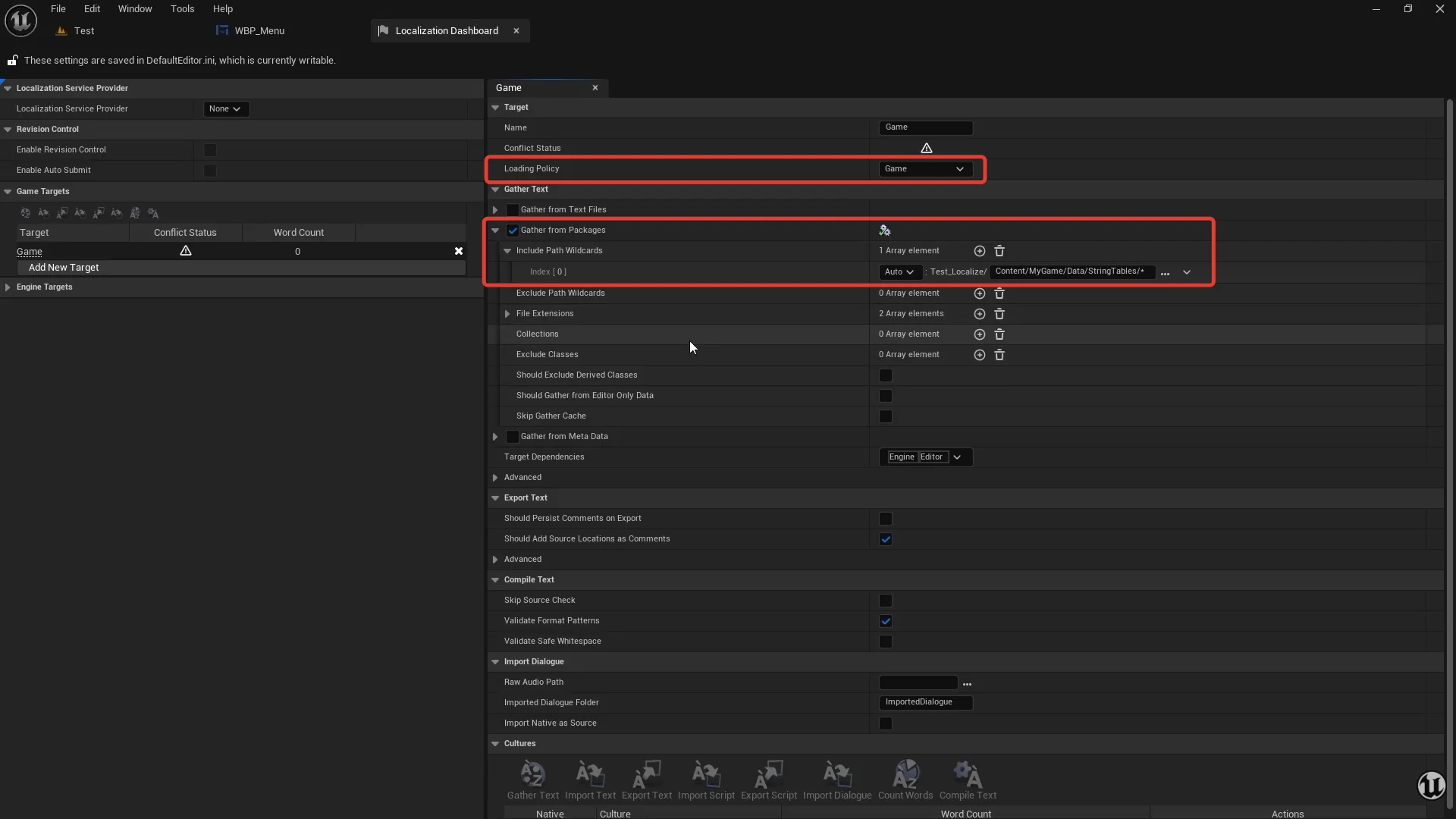Target Game: Loading Policy Game, включён Gather from Packages, задан путь Content/MyGame/Data/StringTables/*