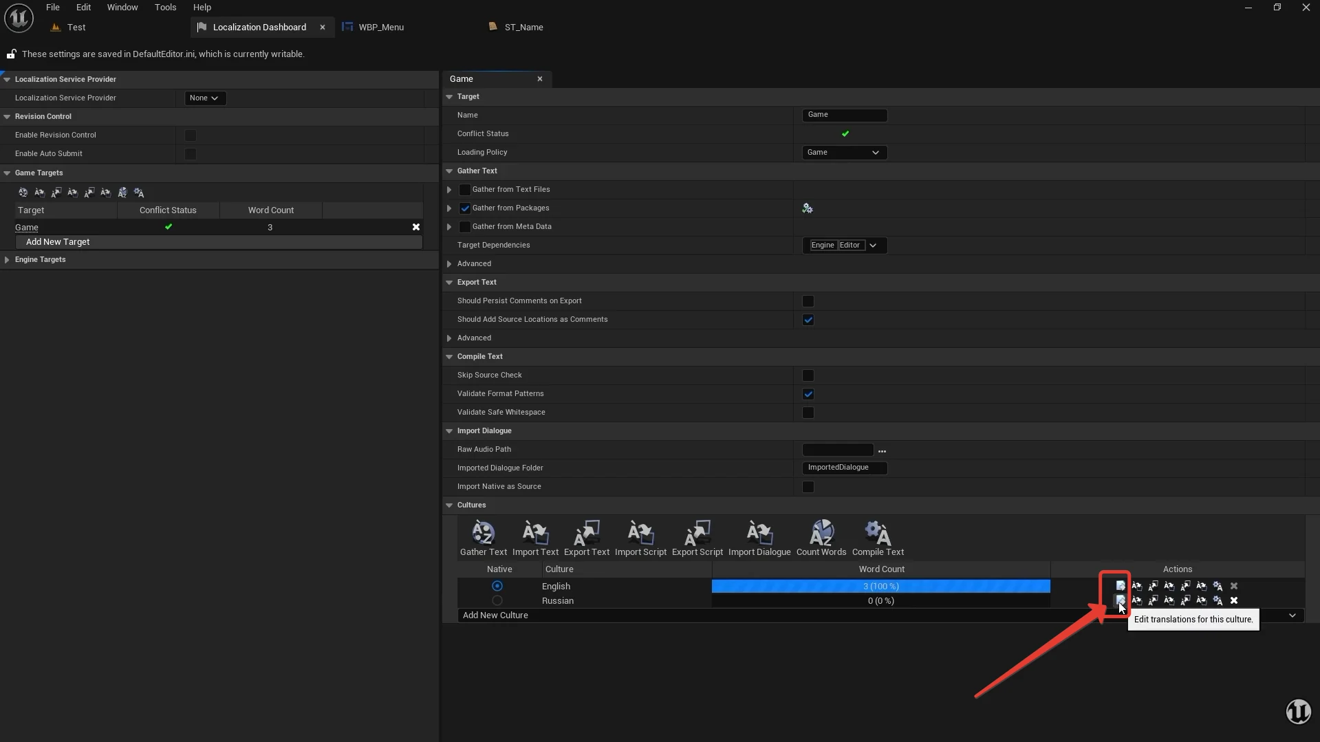 Стрелка указывает на Edit Translations в строке Russian в Localization Dashboard