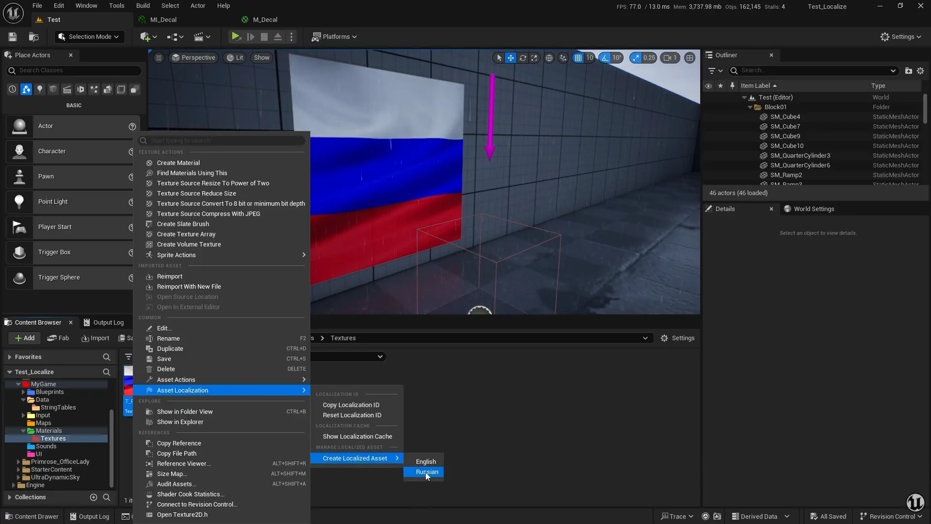 Для текстуры из папки MyGame/Materials/Textures открыто меню Asset Localization → Create Localized Asset → Russian; в сцене на стене виден российский флаг