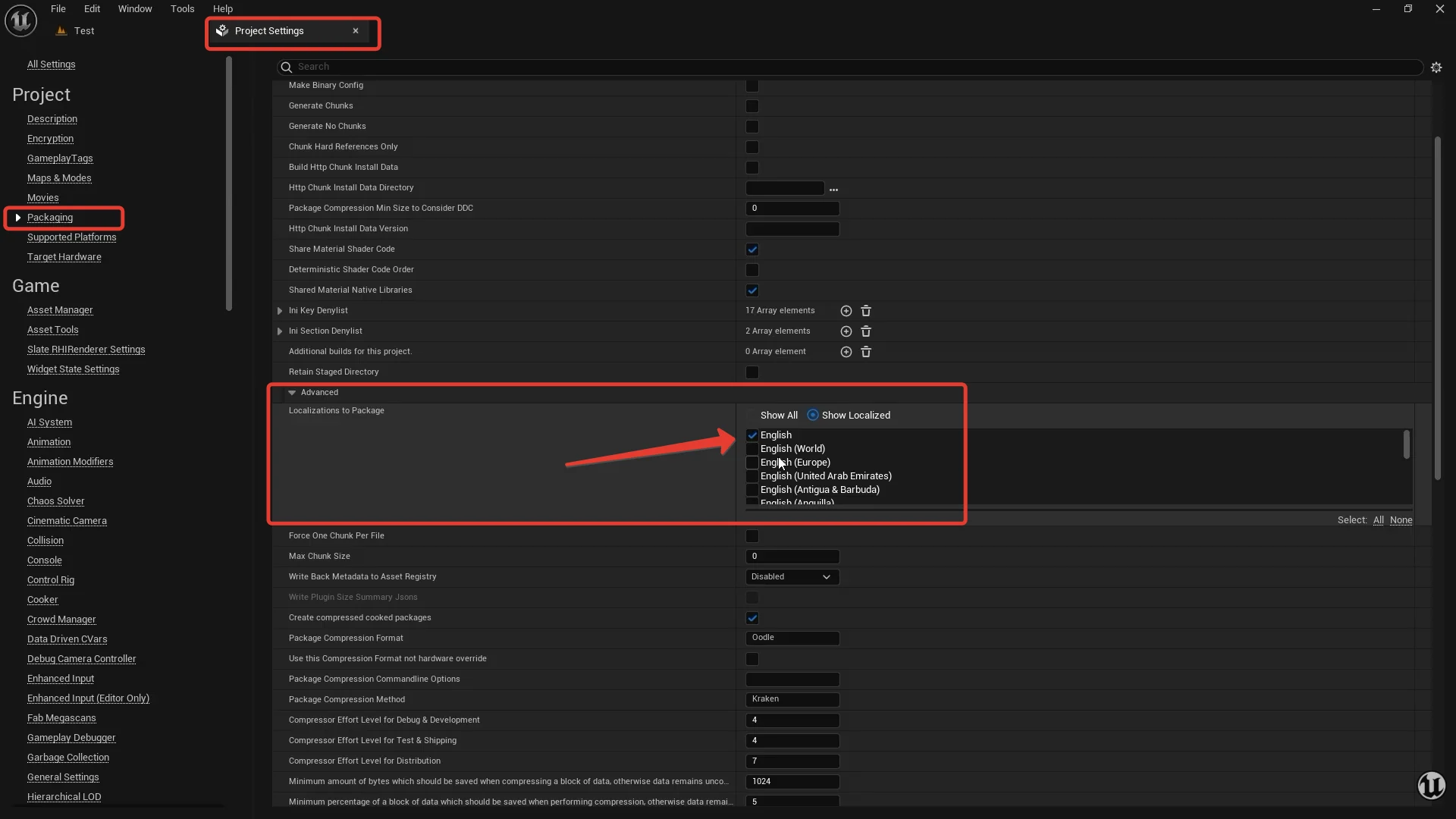 Project Settings → Packaging → Advanced: открыт список Localizations to Package, в видимой части отмечен English